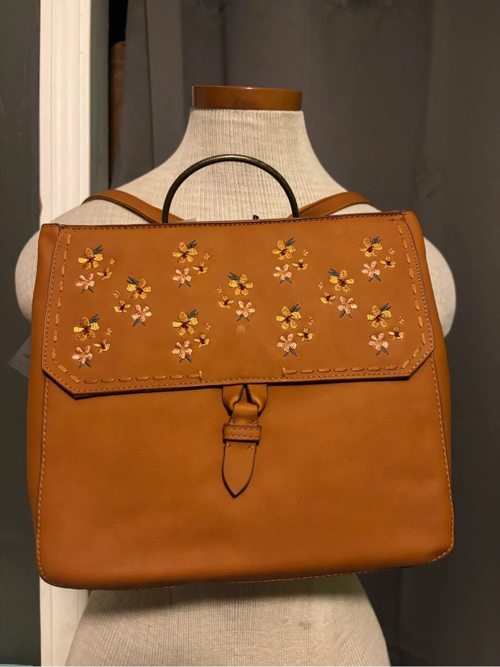 Women's Tan Floral Embroidered Satchel